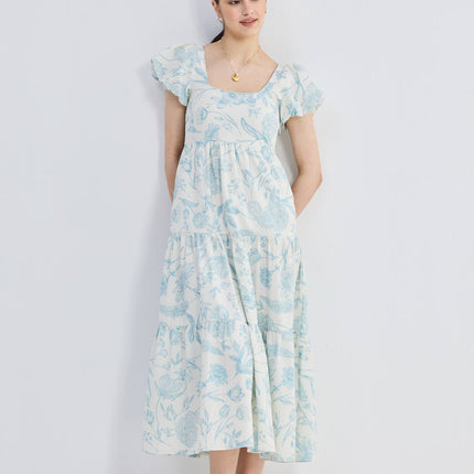 Puff Sleeve Tiered Maxi Dress in Blue Florals