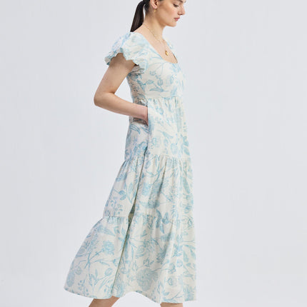Puff Sleeve Tiered Maxi Dress in Blue Florals