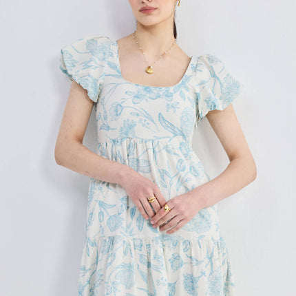 Puff Sleeve Tiered Maxi Dress in Blue Florals