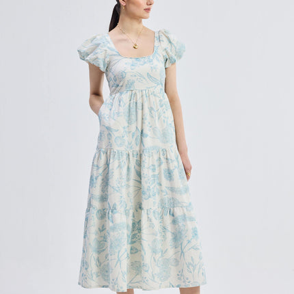Puff Sleeve Tiered Maxi Dress in Blue Florals