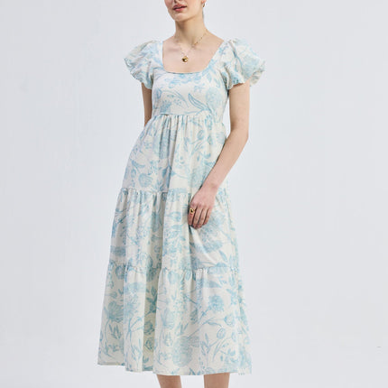 Puff Sleeve Tiered Maxi Dress in Blue Florals