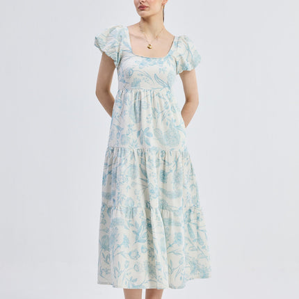 Puff Sleeve Tiered Maxi Dress in Blue Florals