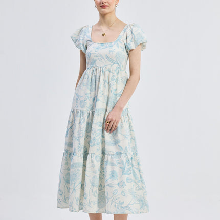 Puff Sleeve Tiered Maxi Dress in Blue Florals